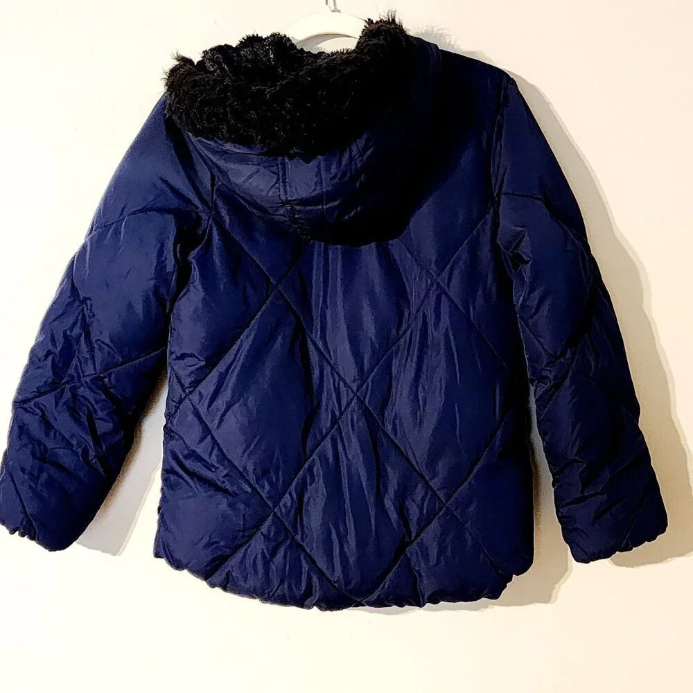 Old Navy girls frost free hooded jacket 14-16 Blue black faux fur